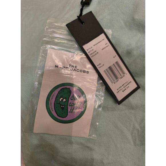 Marc Jacobs Ringer T Shirt Pickle "Dill With It" Graphic Aqua Pink Size S NEW - Picture 6 of 6